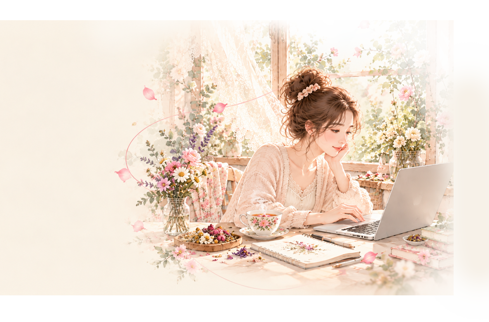 Illustration: a tired woman resting her head on her arms at a desk beside a laptop, a to-do list note and vases of wildflowers
