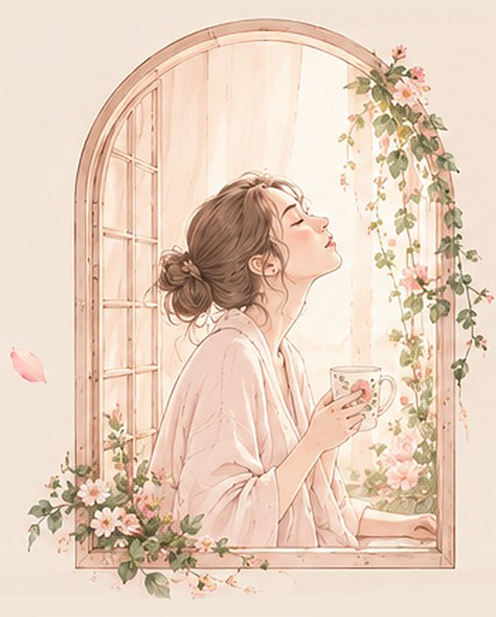 Illustration: a woman at an arched window, eyes closed, holding a floral cup of tea