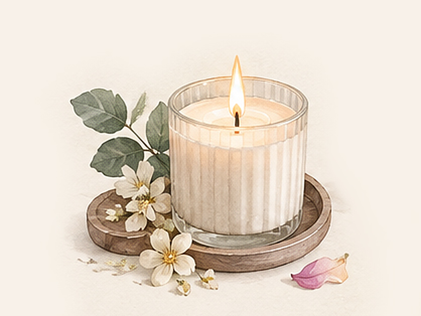 Illustration: a lit candle on a wooden tray with white flowers and eucalyptus leaves