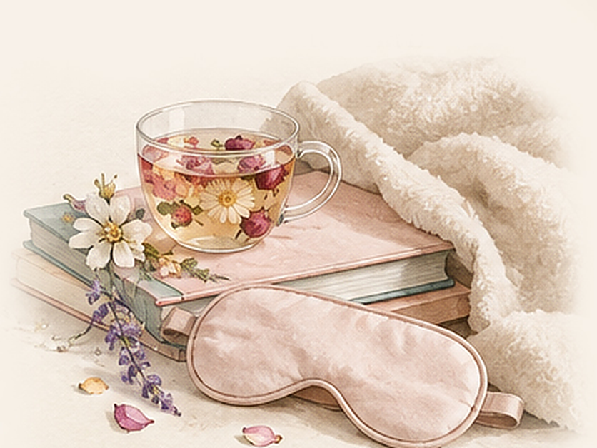 Illustration: a cup of flower tea on a stack of books with a silk eye mask and a cosy blanket